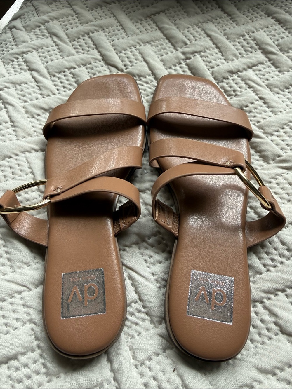 DV by Dolce Vita Tan Strappy Slide Sandals with Gold Buckle